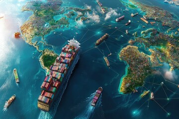 Global shipping routes and cargo vessels in ocean trade.