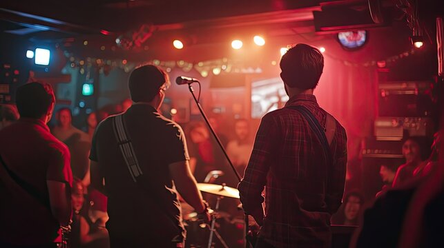 Band Performing On Stage In A Dark Club Under Red Lights