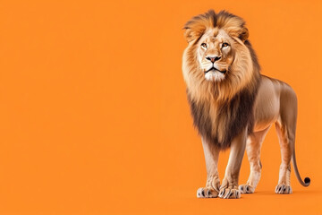 Fototapeta premium Proud lion standing tall on bright orange background, strength and wildlife concept