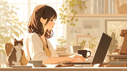 Woman working on laptop computer at home office, cat coffee cup on desk, modern living room background. 3d Japanese lo-fi anime girl style cartoon, traditional ink painting graphic design.
