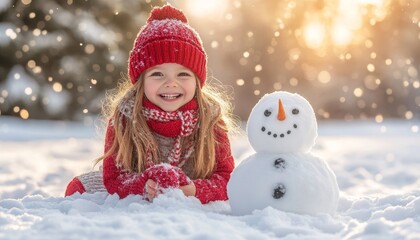 Girl Makes a Snowman. Happy child playing outside building a snowman during a snowy winter day.