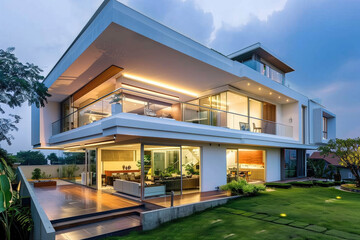 Fototapeta premium Luxury modern house with glass walls and minimalist architecture, featuring open spaces, elegant lighting, and a green landscaped garden. 