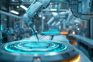 A futuristic factory producing advanced robotics and AI systems