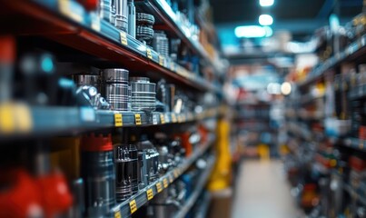 Blurred Shelves with Car Parts and Hardware in Auto Store Background