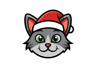 Cat Head with Santa Hat Logo, Icon on White Background  