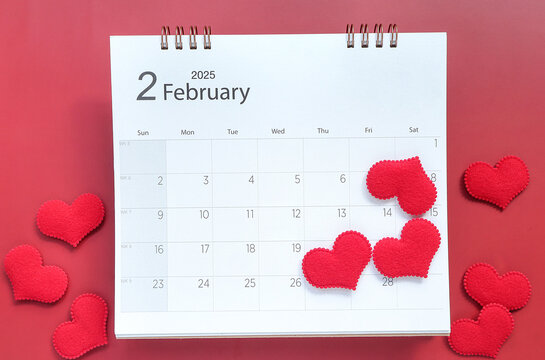 Valentines day background. February,14 2025 calendar schedule and red heart on red background. Flat lay, top view 