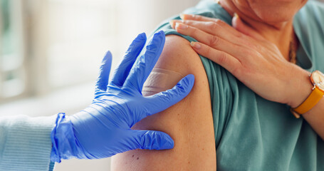 Plaster, glove and hand of doctor with patient for injection, cure or vaccination in clinic....