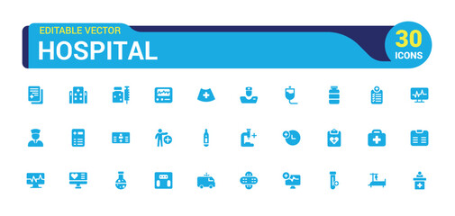 Set of hospital and medical icons. Solid symbol collection. Filled icon set, glyph for web and ui. Editable stroke. Solid icon set. Vector illustration.