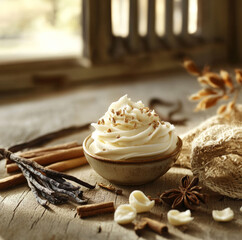 vanilla beans and dried vanilla pods elegantly scattered across a weathered wooden surface. Soft, creamy swirls of vanilla frosting or ice cream blend into the background
