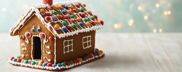 A gingerbread house decorated with icing and candies on a Christmas Eve table, gingerbread house, icing, Christmas Eve