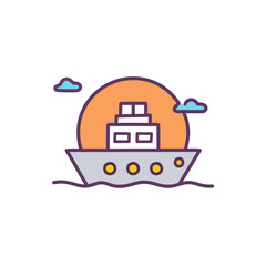 Obraz premium Abstract colorful ship and orange sky after sundown in the middle of sea vector art illustration icon design. Icon concept vector design