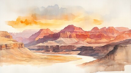 Naklejka premium The Colorado River cutting through the Grand Canyon, captured as a hand-drawn sketch, minimalistic lines, with watercolor washes of soft earth tones, Sketch, Watercolor