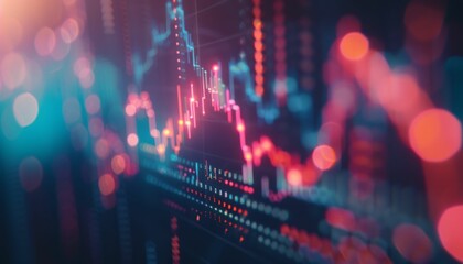 Glowing red and blue stock market graph with blurred bokeh lights in the background