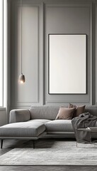 Modern Living Room Interior with Comfortable Sofa, Stylish Decor, and Blank Canvas on Wall
