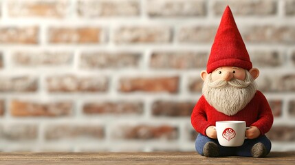 Obraz premium A cute garden gnome wearing a red hat and sweater sits cross-legged holding a coffee cup in front of a rustic brick wall.