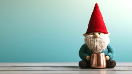 A cute garden gnome wearing a red hat and teal sweater sits on a wooden floor holding a copper mug, set against a blue gradient background.