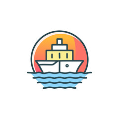 Obraz premium Abstract colorful ship and orange sky after sundown in the middle of sea vector art illustration icon design. Icon concept vector design