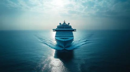 Aerial view of a towering cruise ship, its silhouette cutting through the deep blue sea, minimal clouds above, the horizon barely visible