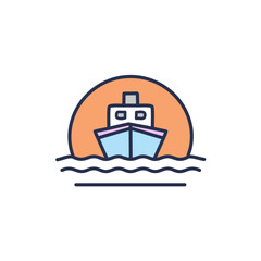 Naklejka premium Abstract colorful ship and orange sky after sundown in the middle of sea vector art illustration icon design. Icon concept vector design