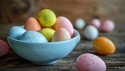 Colorful Easter eggs in a blue bowl on a wooden table