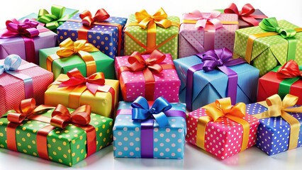 Fototapeta premium Collection of colorful gift wrapped presents with ribbon bows, presents, gifts, Christmas, birthday, Valentines, red, green
