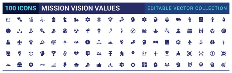 Solid icons about mission, vision and values. Business concepts. Solid icons set. Glyph icon for web and ui. Filled icon set, Vector illustration.