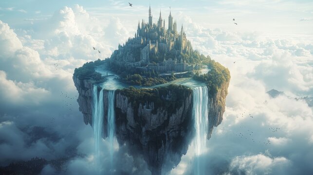 Floating islands orbit a towering castle in a mystical kingdom, with waterfalls cascading into the clouds, surrounded by magical creatures and enchanted forests