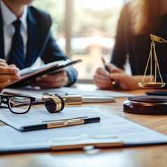 In a professional office setting, a group of businesspeople gathers around a conference table for a crucial meeting. They discuss legal documents and client contracts, emphasizing collaboration .