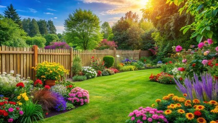 Fototapeta premium Beautiful summer backyard garden with lush green grass lawn, colorful flowers, and a charming wooden fence , summer