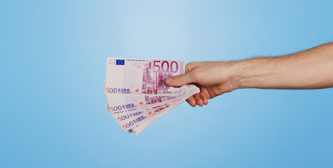 Money fan, euros and hand of person in studio space with offer, bonus or prize giveaway for finance...