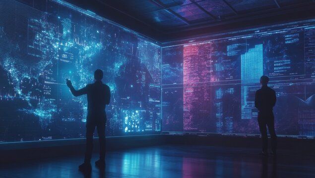 person interacting with interactive digital wall, glowing data points and lines of code floating around 