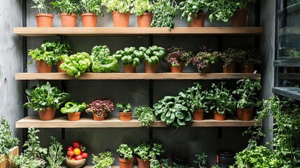 A Variety of Herbs and Greens Growing in Terracotta Pots on Wooden Shelves