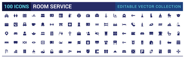Room service icon set. Hospitality symbol, room, service, booking, filled icon set, solid icons set. Glyph icons for web and ui. Editable vector illustration.