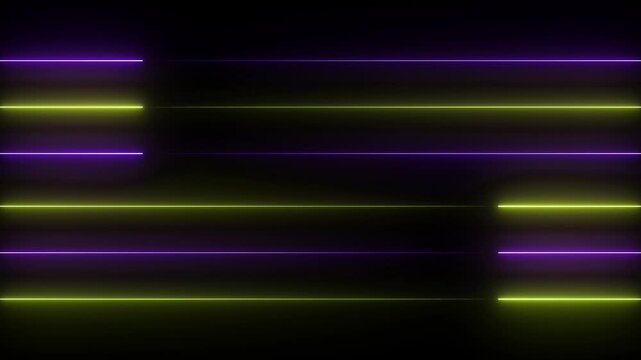 Animated 3D Royal blue neon color lines sticks on brick wall motion waving vertical strip lines. yellow stage neon lights sticks , lines 3d animation, abstract black background with neon go up and dis