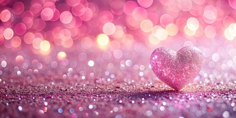 Fototapeta premium Heart-shaped glitter and bokeh light on pink sweet background, panorama, heart, glitter, bokeh, light, pink, sweet