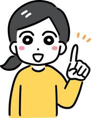 笑顔で人差し指を立てて紹介する私服の若い女性(上半身・正面)