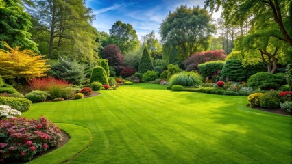 Fototapeta premium Fresh green grass lawn in a beautiful garden setting, lush, vibrant, nature, outdoors, landscape, tranquil, serene