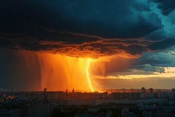 Fototapeta premium Dramatic lightning striking over a cityscape at sunset.