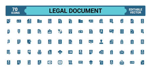 Legal document filled icon set. Containing contract, agreement, passport, id card glyph icons set for web and ui. Solid icon set. Vector illustration.