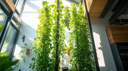 Green Vines Growing Up a Pole Inside a Modern Building