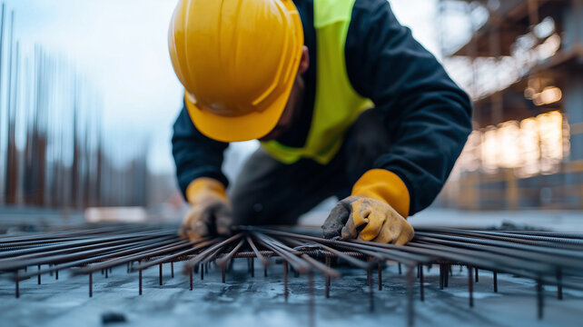 A construction worker wearing yellow hard hat and gloves is focused on laying rebar on construction site. scene captures dedication and precision required in construction work