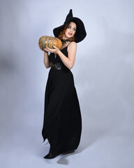 portrait of beautiful female model wearing glamorous black witch dress, pointy hat halloween...