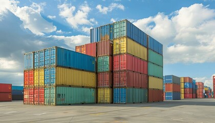 Fototapeta premium Colorful cargo containers stacked in rows at a shipping yard