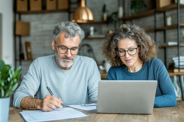 Fototapeta premium Two happy, busy middle aged professionals, man and woman, are collaborating at wooden table. They are focused on laptop, with documents and pen nearby, showcasing teamwork and productivity