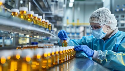 Pharmaceutical manufacturing facility worker in protective gear inspecting medicine bottles on conveyor belt