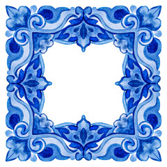 Vector decorative pattern blue and white design with frame or border. Baroque Vector mosaic. Traced watercolo. Capri Majolica	