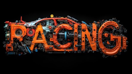 Complex Automotive Racing Typography Constructed from Engine Parts