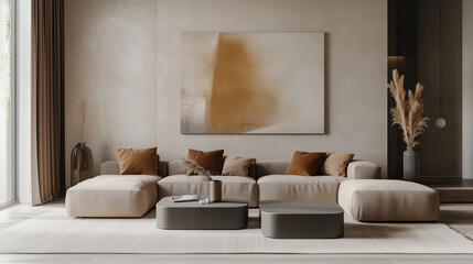 A minimalist living room with a neutral brown tones sofa, sleek coffee table and decorative vases placed around it. autumn design, decoration 