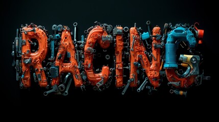 Bold Industrial Racing Text Design Made from Mechanical Tools