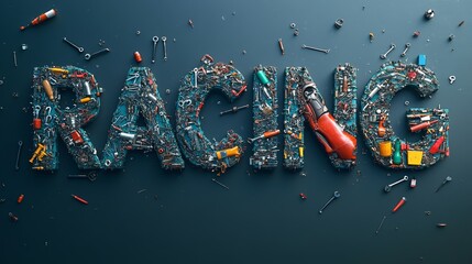 Bold Industrial Racing Text Design Made from Mechanical Tools
